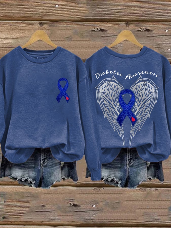 Retro Diabetes Awareness Wings Angel Blue Ribbon Print Sweatshirt