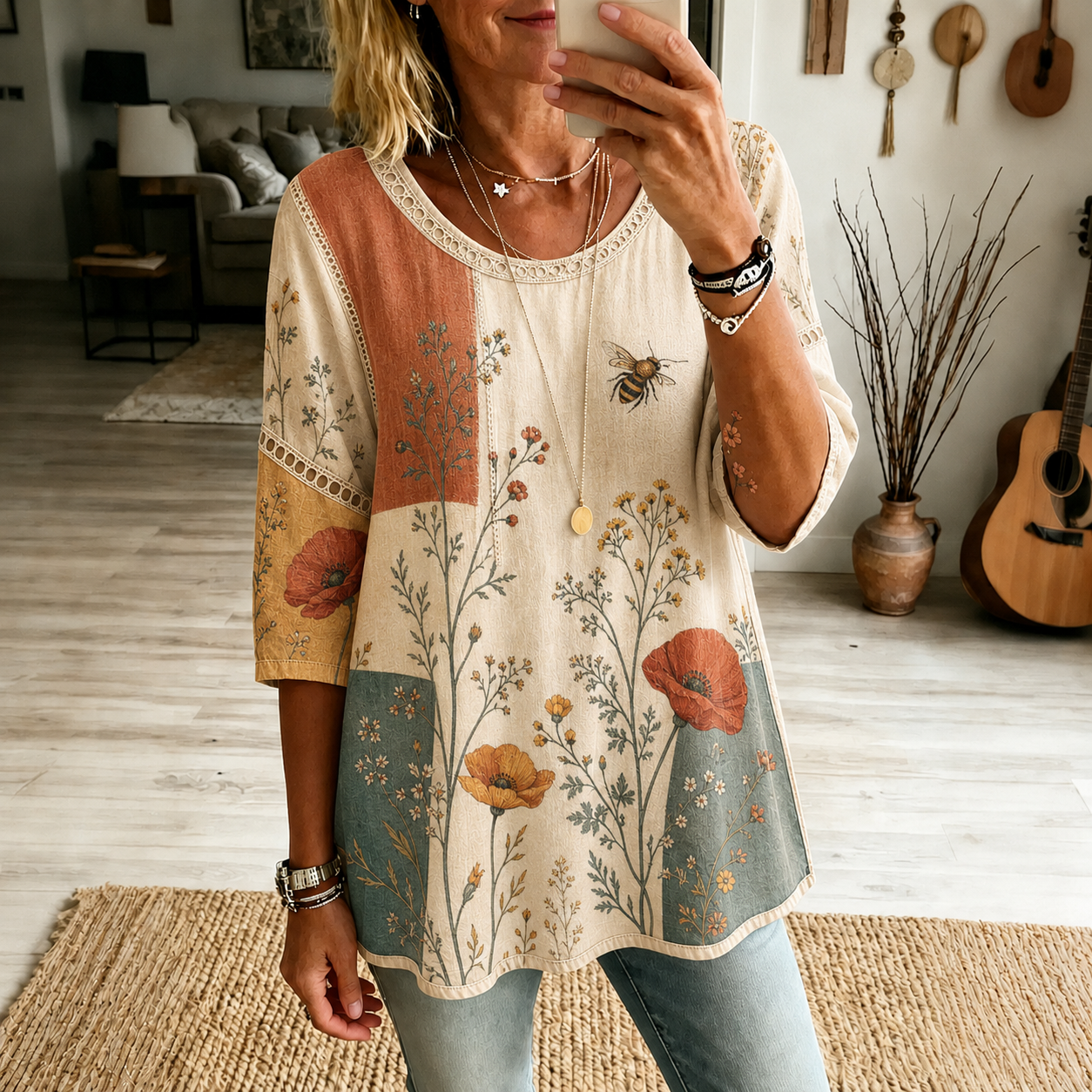Retro Boho Forlal Pattern Splicing Print Blouse