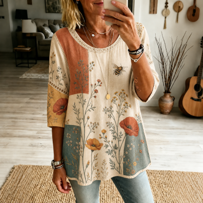 Retro Boho Forlal Pattern Splicing Print Blouse