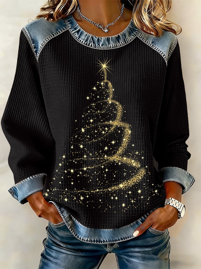 Retro Golden Christmas Tree Print Sweatshirt