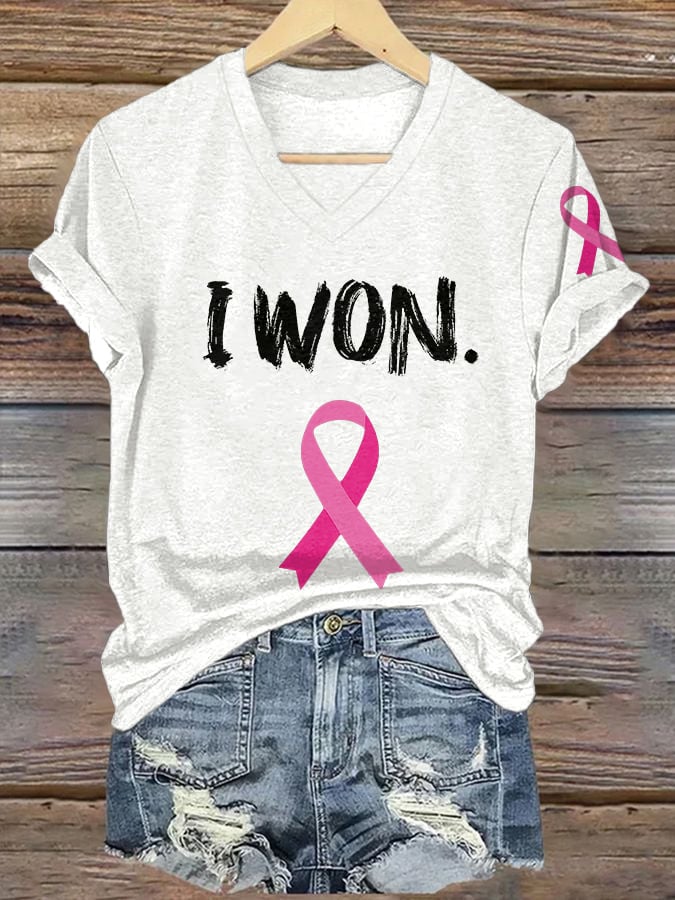 ❤️Warm Gift❤️V-neck Retro Breast Cancer Awareness Pink Ribbon I Won Print T-Shirt