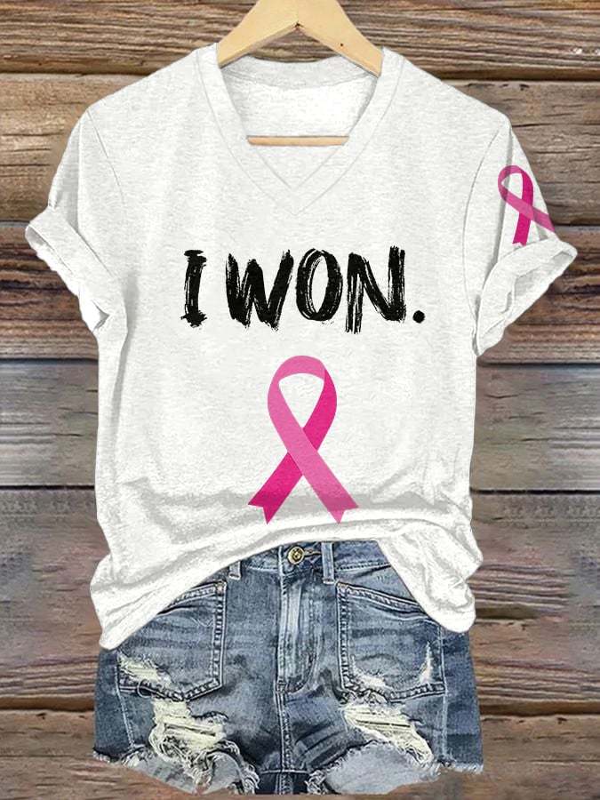 ❤️Warm Gift❤️V-neck Retro Breast Cancer Awareness Pink Ribbon I Won Print T-Shirt
