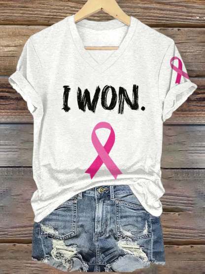 ❤️Warm Gift❤️V-neck Retro Breast Cancer Awareness Pink Ribbon I Won Print T-Shirt