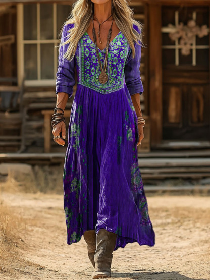 Women's Vintage Ethnic Floral Print Artistic Pocket Cotton Dress