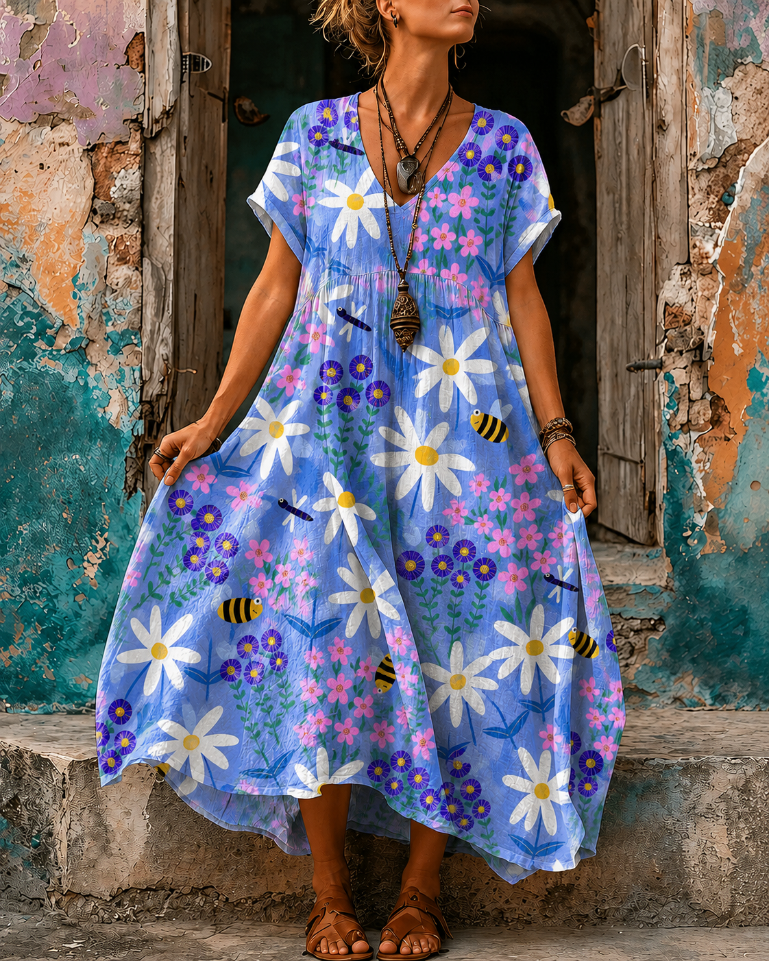 Women's Vacation Linen Boho Floral Print V-Neck Short Sleeve Maxi Dress