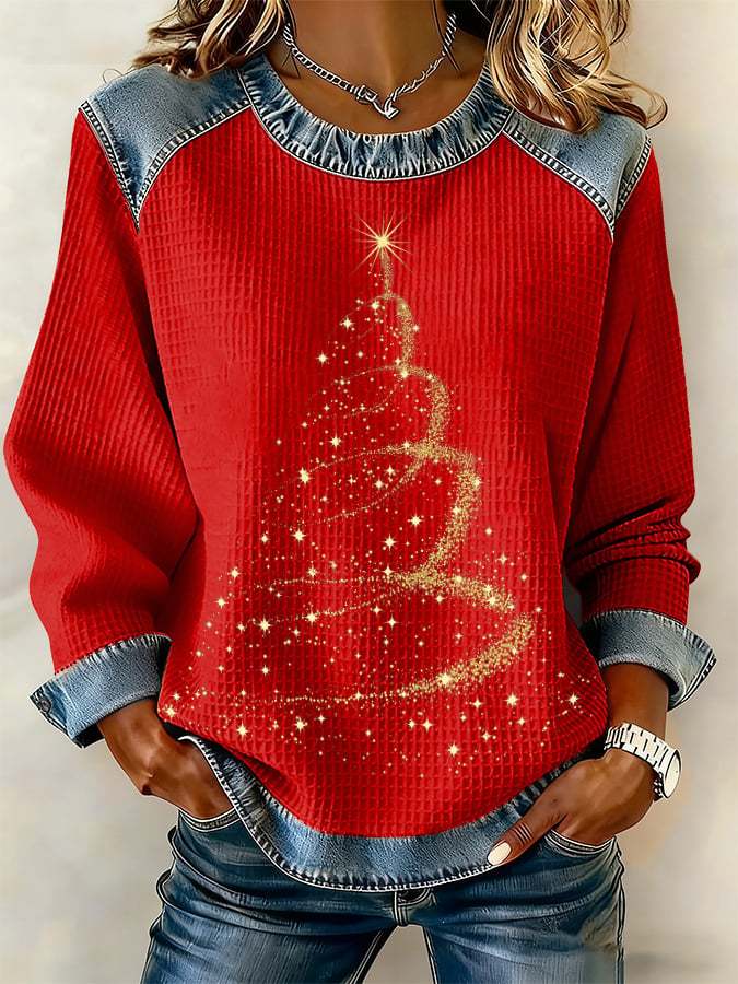 Retro Golden Christmas Tree Print Sweatshirt
