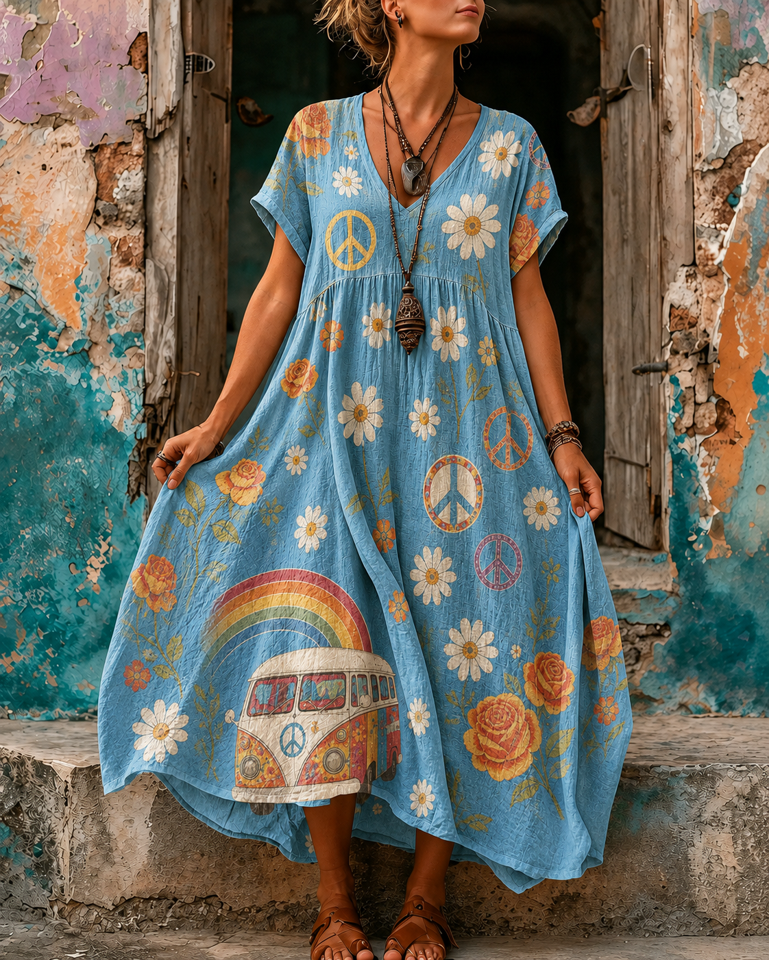 Women's Vacation Linen Boho Floral Print V-Neck Short Sleeve Maxi Dress