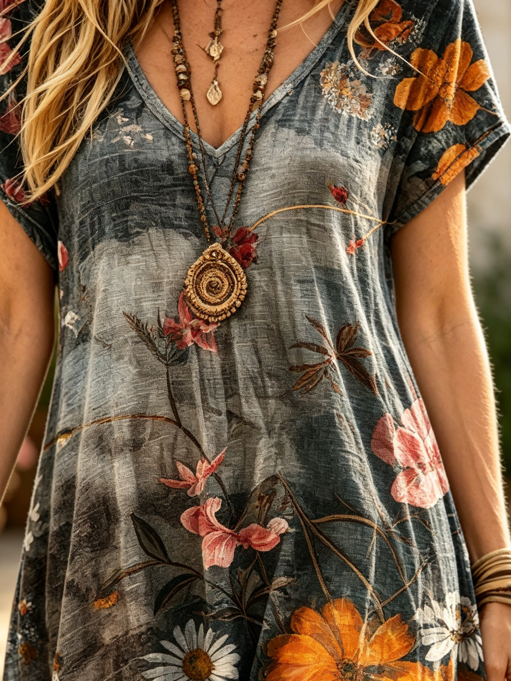Women's Retro Ethnic Floral Art Print Casual Short-sleeve V-neck Cotton Dress