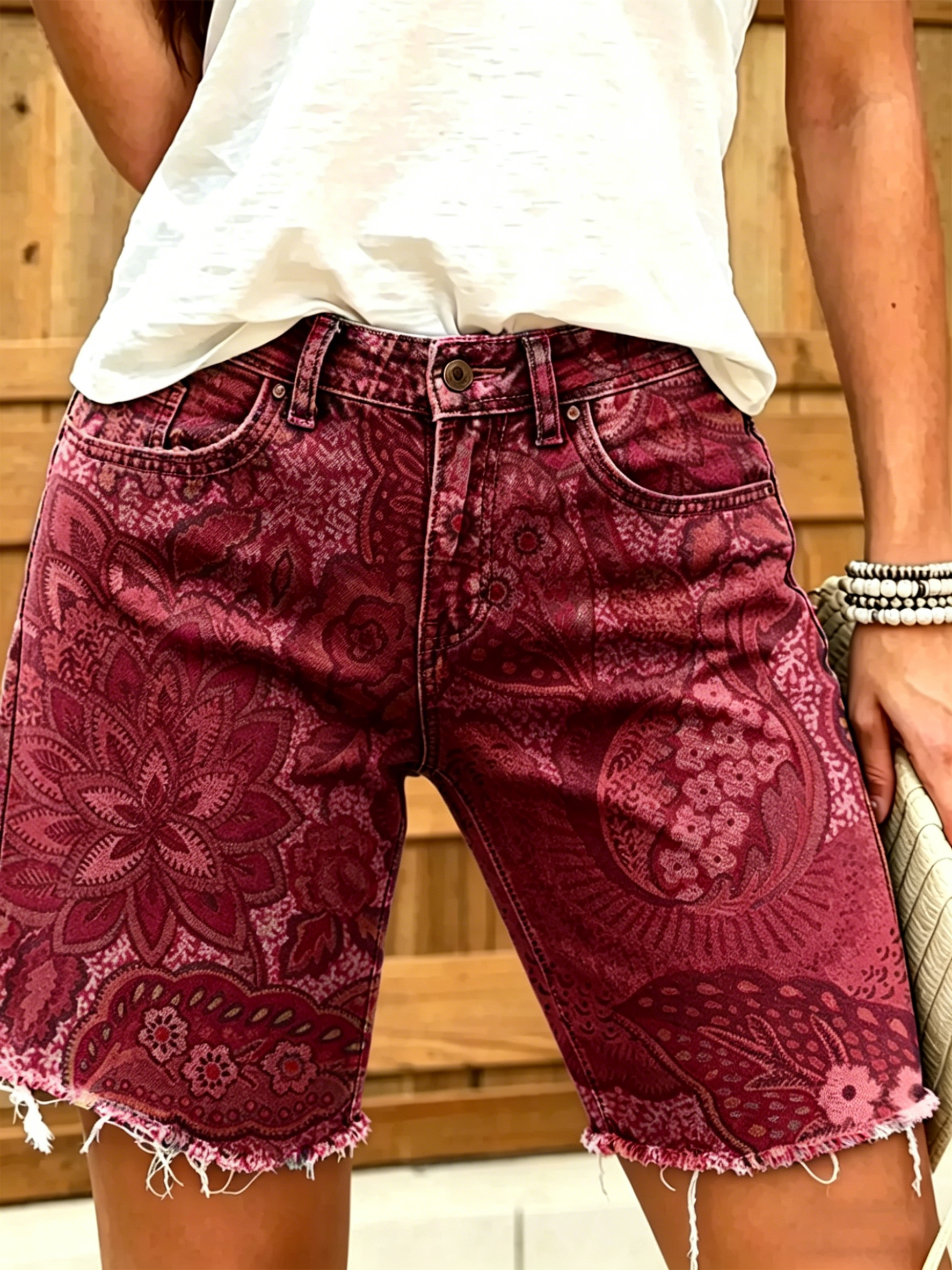Women's Colorful Ethnic Flowers Print Denim Bermuda Shorts