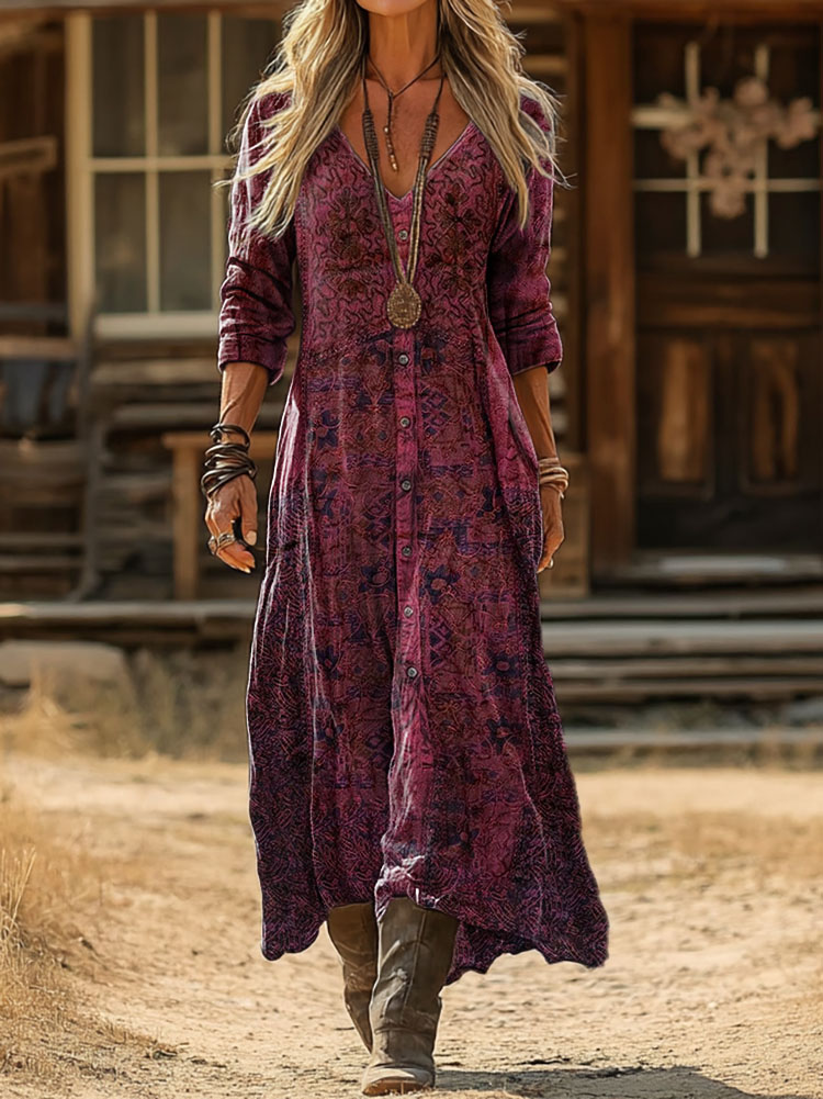 Vintage Ethnic Pattern Art Print Pocket Cotton Dress