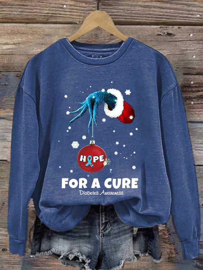 Women's Christmas Hope For A Cure Diabetes Awareness Print Long Sleeve Sweatshirt