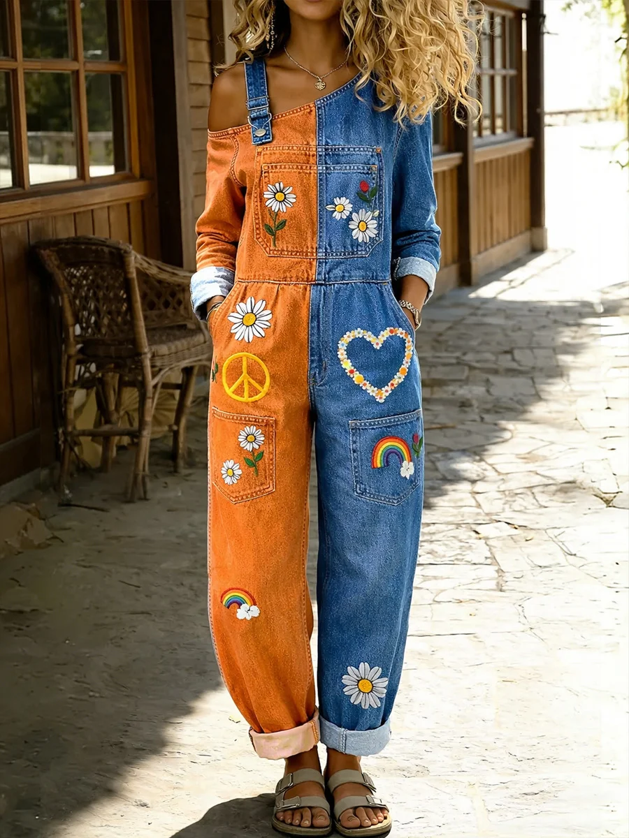 Women's Floral & Love Print Off-Shoulder Denim Jumpsuit