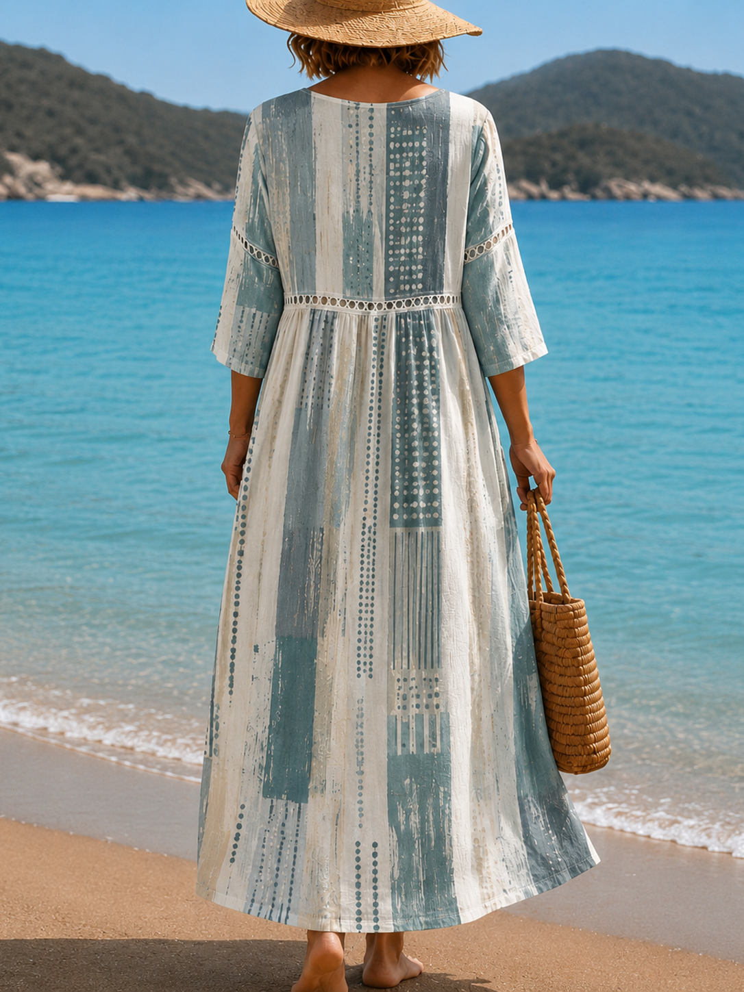 Women's Vacation Linen Boho Floral Print V-Neck Short Sleeve Maxi Dress