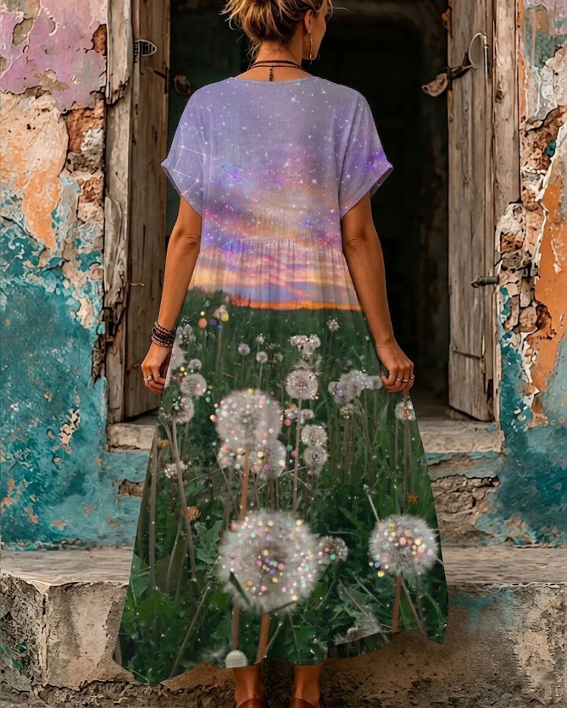 Women's Magical Dandelion Field Print V-Neck Short Sleeve Maxi Dress