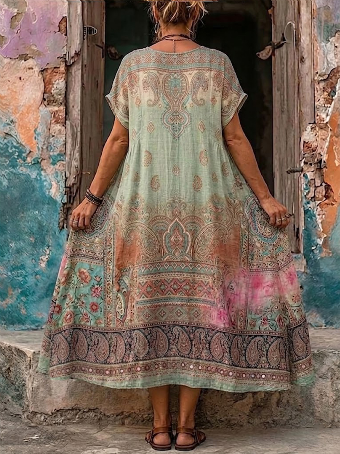 Women's Retro Bohemia Floral Print V-Neck Short Sleeve Maxi Dress