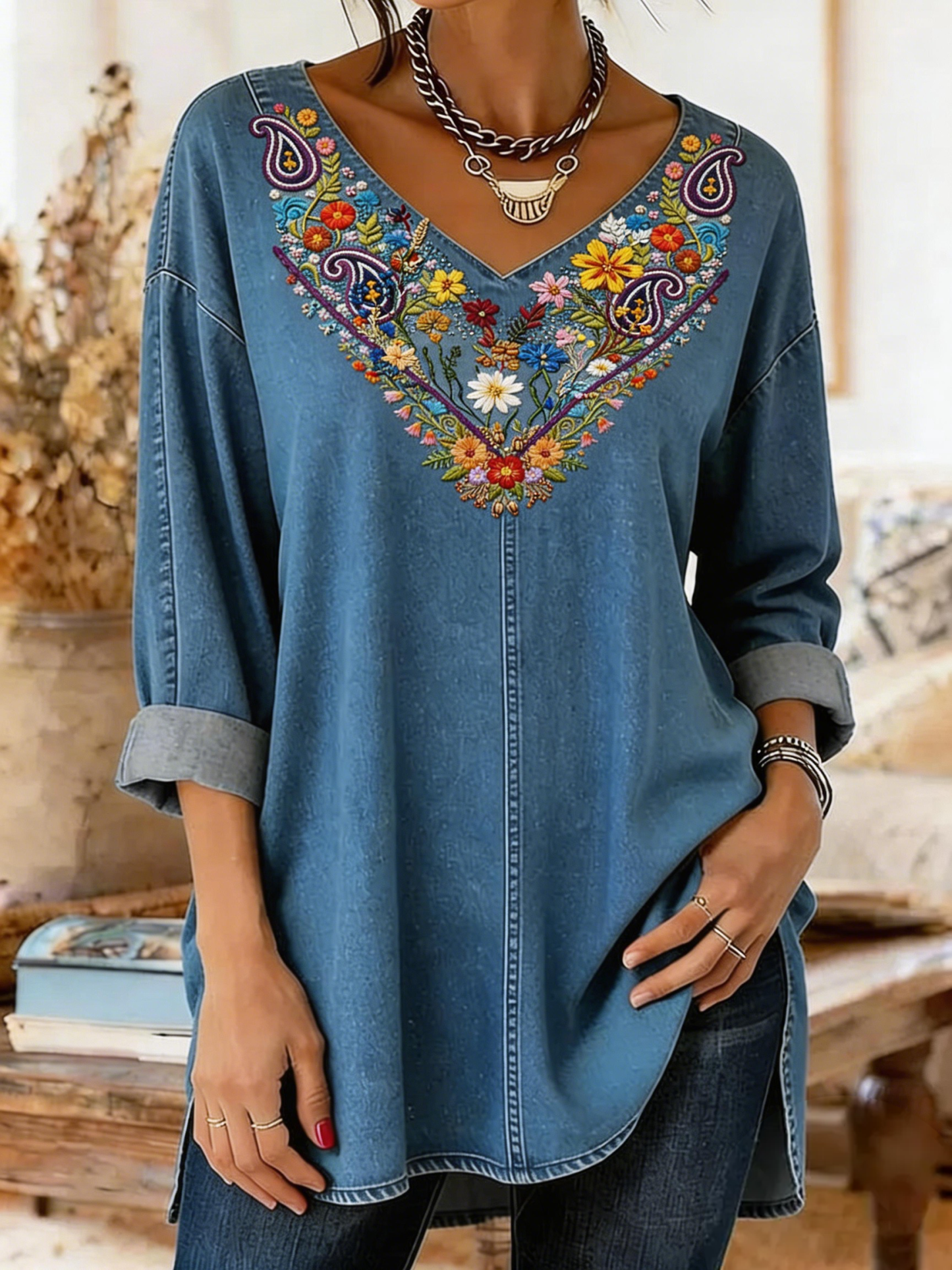Women's Bohemian Retro Floral Art Print Casual Long-Sleeve V-Neck Washed Cotton Denim Top