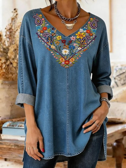 Women's Bohemian Retro Floral Art Print Casual Long-Sleeve V-Neck Washed Cotton Denim Top