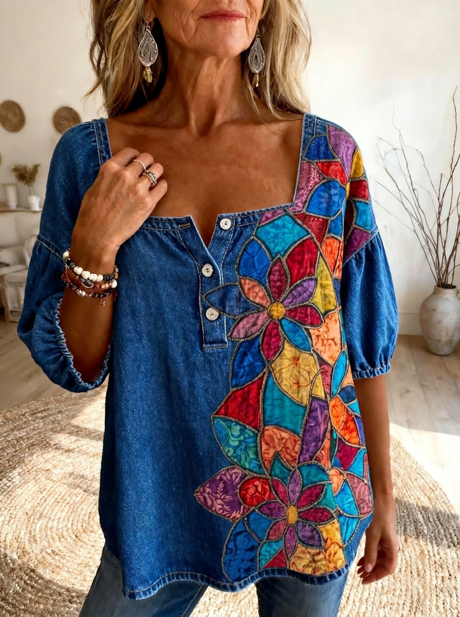 Women's Retro-Style Floral Art Print Casual Square-Neck Top