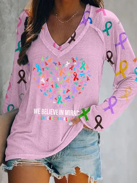Women's We Believe in Miracles Fight Cancer In All Colors Casual Long Sleeve T-Shirt