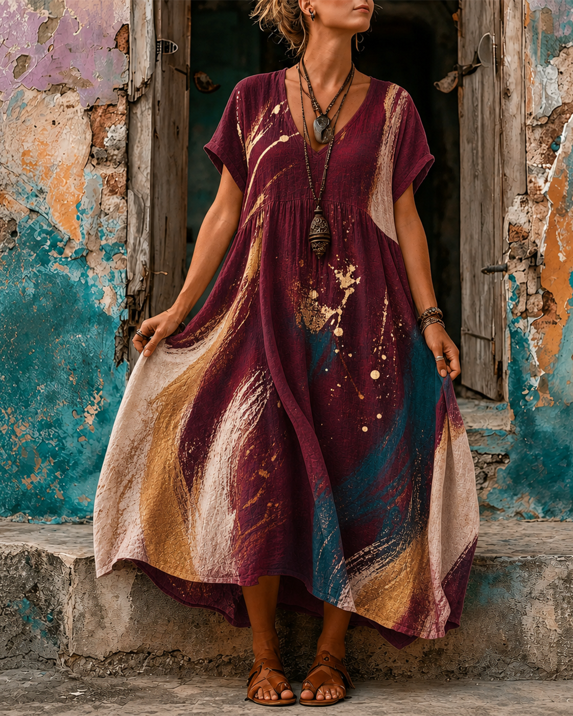 Women's Vacation Linen Retro Boho Floral Print V-Neck Short Sleeve Maxi Dress