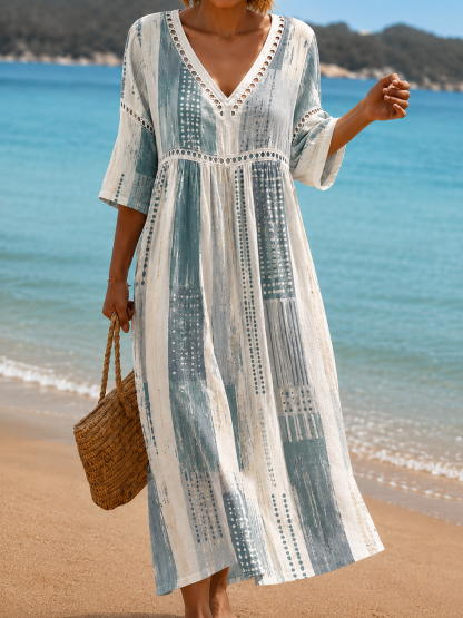 Women's Vacation Linen Boho Floral Print V-Neck Short Sleeve Maxi Dress