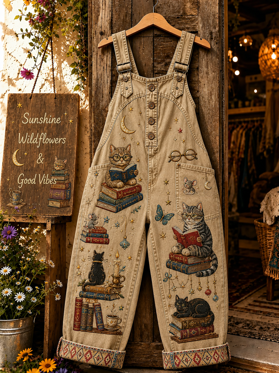 Women's Vintage The cat is reading a book Print Denim Overalls Long Pants