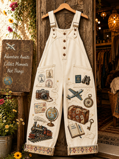 Women's Vintage Print Denim Overalls Long Pants