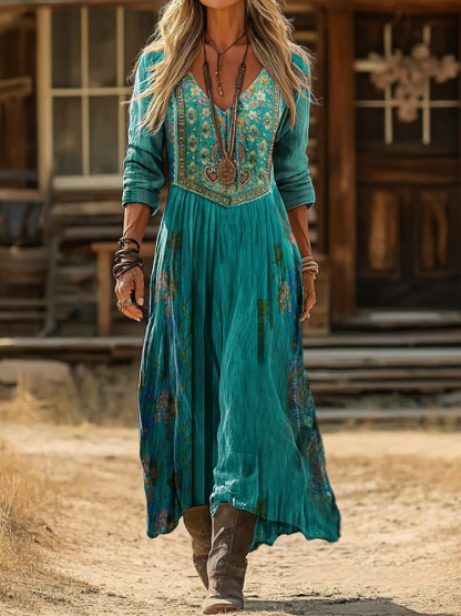 Women's Vintage Ethnic Floral Print Artistic Pocket Cotton Dress