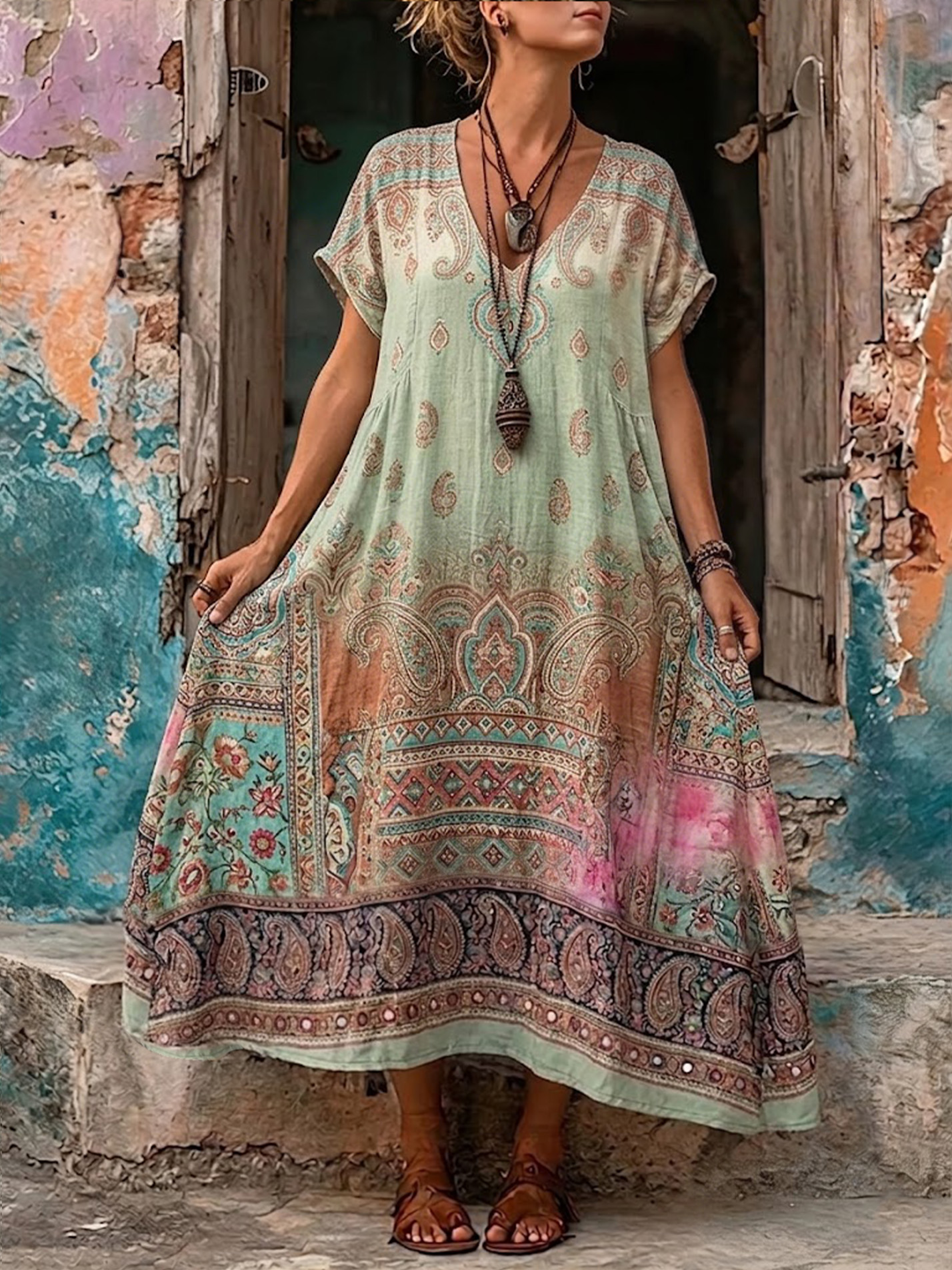 Women's Retro Bohemia Floral Print V-Neck Short Sleeve Maxi Dress