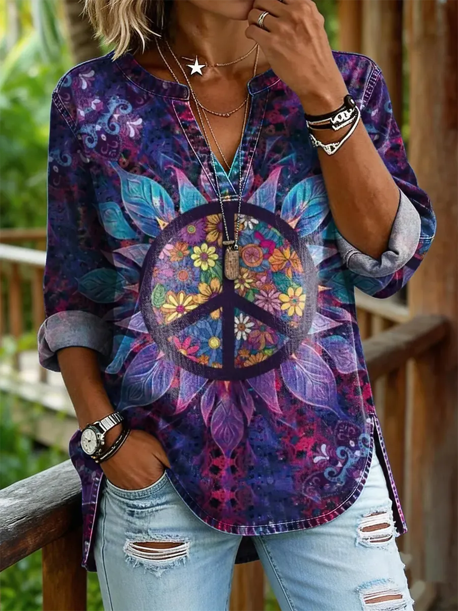 Women's Floral Hippie Art Print Casual V-neck Washed Cotton Denim Shirt