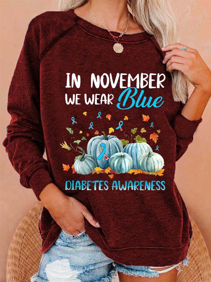 Women's In November We Wear Blue For Diabetes Awareness Pumpkin Print Casual Sweatshirts