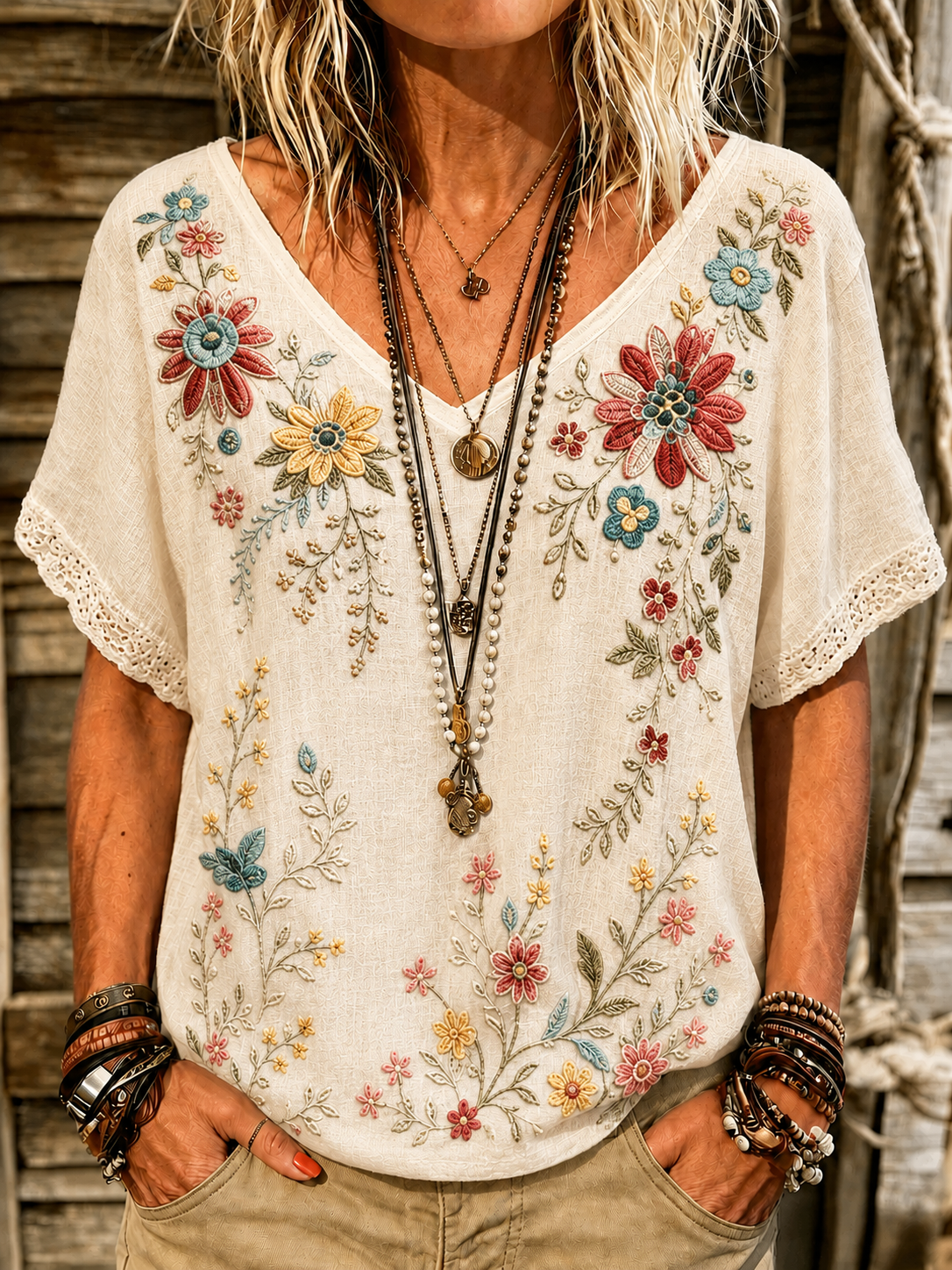 Retro Boho Forlal Print V-Neck Blouse