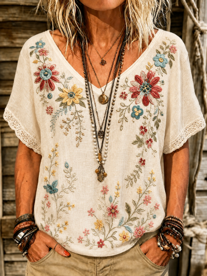Retro Boho Forlal Print V-Neck Blouse