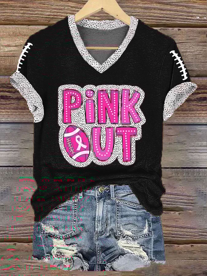 ❤️PINK OUT❤️Women's Pink Out Football Breast Cancer Print T-Shirt