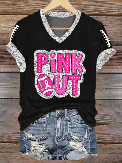 ❤️PINK OUT❤️Women's Pink Out Football Breast Cancer Print T-Shirt