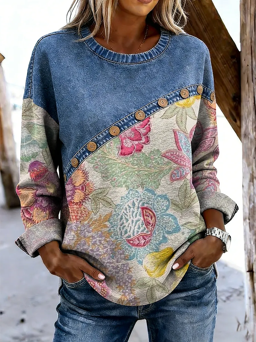 Women's Retro Ethnic Floral Art Print Casual Long-sleeved Round Neck Denim Patchwork Top