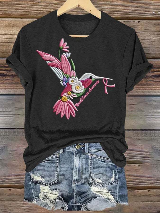Women's Bird Holding Ribbon Faux Embroidery Print Fitness Casual Top