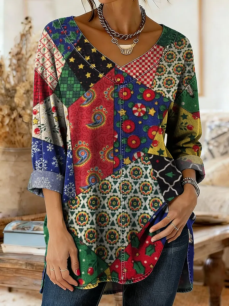 Women's Vintage Floral Patchwork Art Print Casual Washed Denim Cotton Top