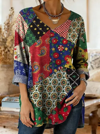 Women's Vintage Floral Patchwork Art Print Casual Washed Denim Cotton Top