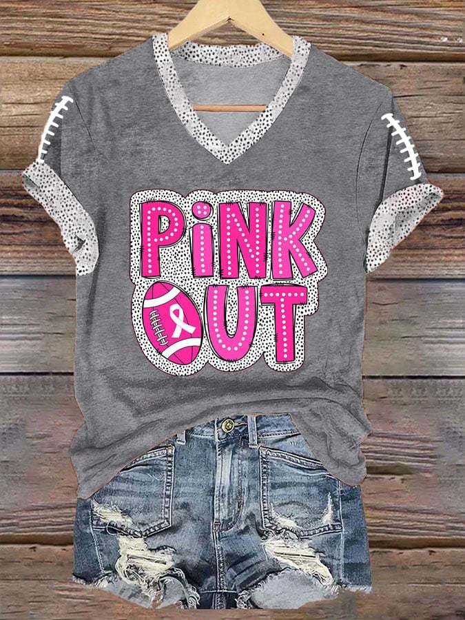 ❤️PINK OUT❤️Women's Pink Out Football Breast Cancer Print T-Shirt