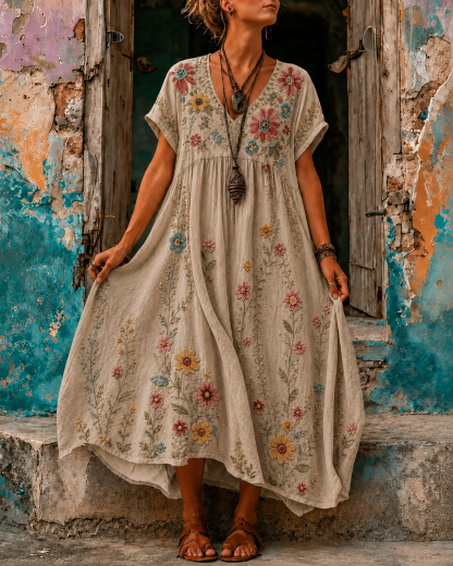 Women's Vacation Linen Boho Floral Embroidery V-Neck Short Sleeve Maxi Dress