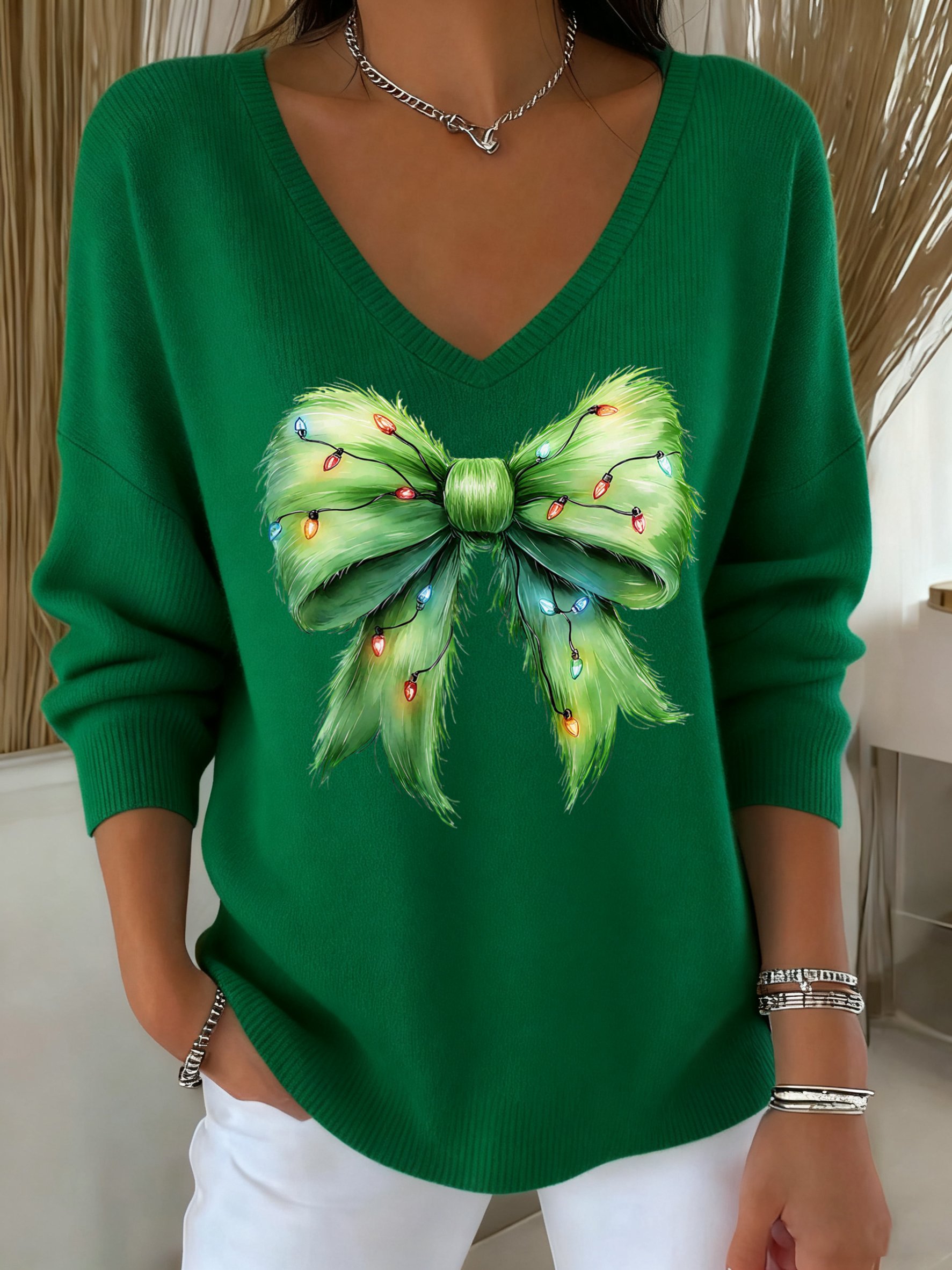 Women's Winter Christmas Bow Print V-Neck Top