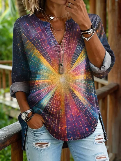 Women's Retro Colorful Art Print Casual Long-sleeve V-neck Shirt