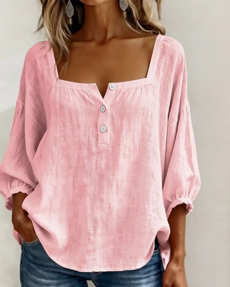 Pink Square-Neck Half-Button Shirt