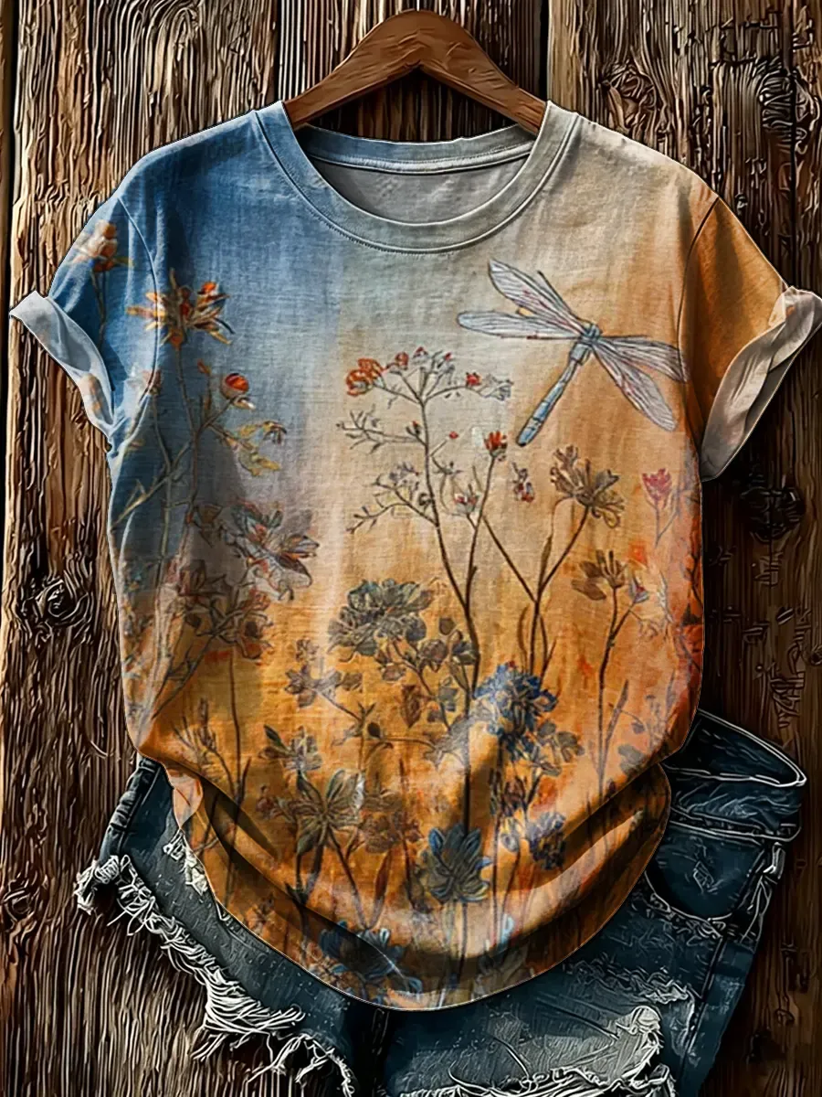 Women's Watercolor Dragonfly Floral Print Round Neck T-Shirt