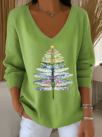 Women's Christmas Print V Neck Sweater