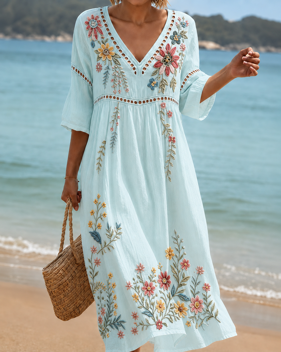 Women's Vacation Linen Boho Floral Print V-Neck Short Sleeve Maxi Dress