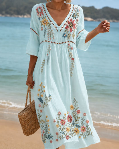 Women's Vacation Linen Boho Floral Print V-Neck Short Sleeve Maxi Dress