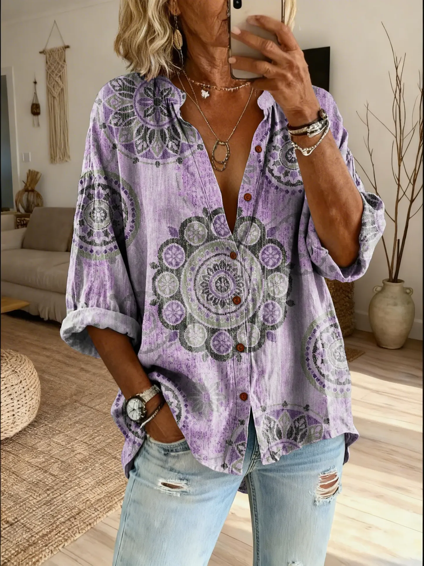 Women's Bohemian Totem Floral Art Print Casual Cotton Linen Shirt