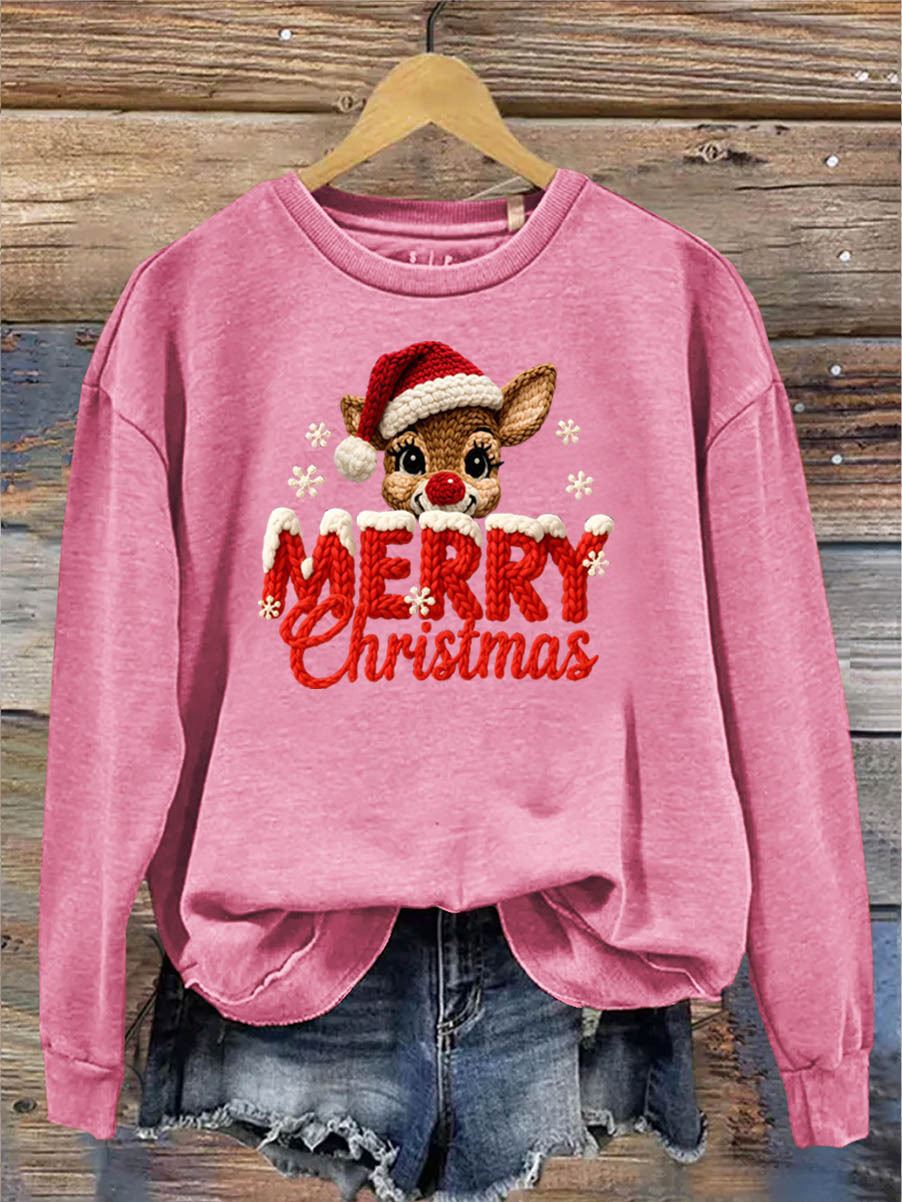 Women's Merry Christmas And Elk Knitting Crochet Pattern Neck Sweatshirt